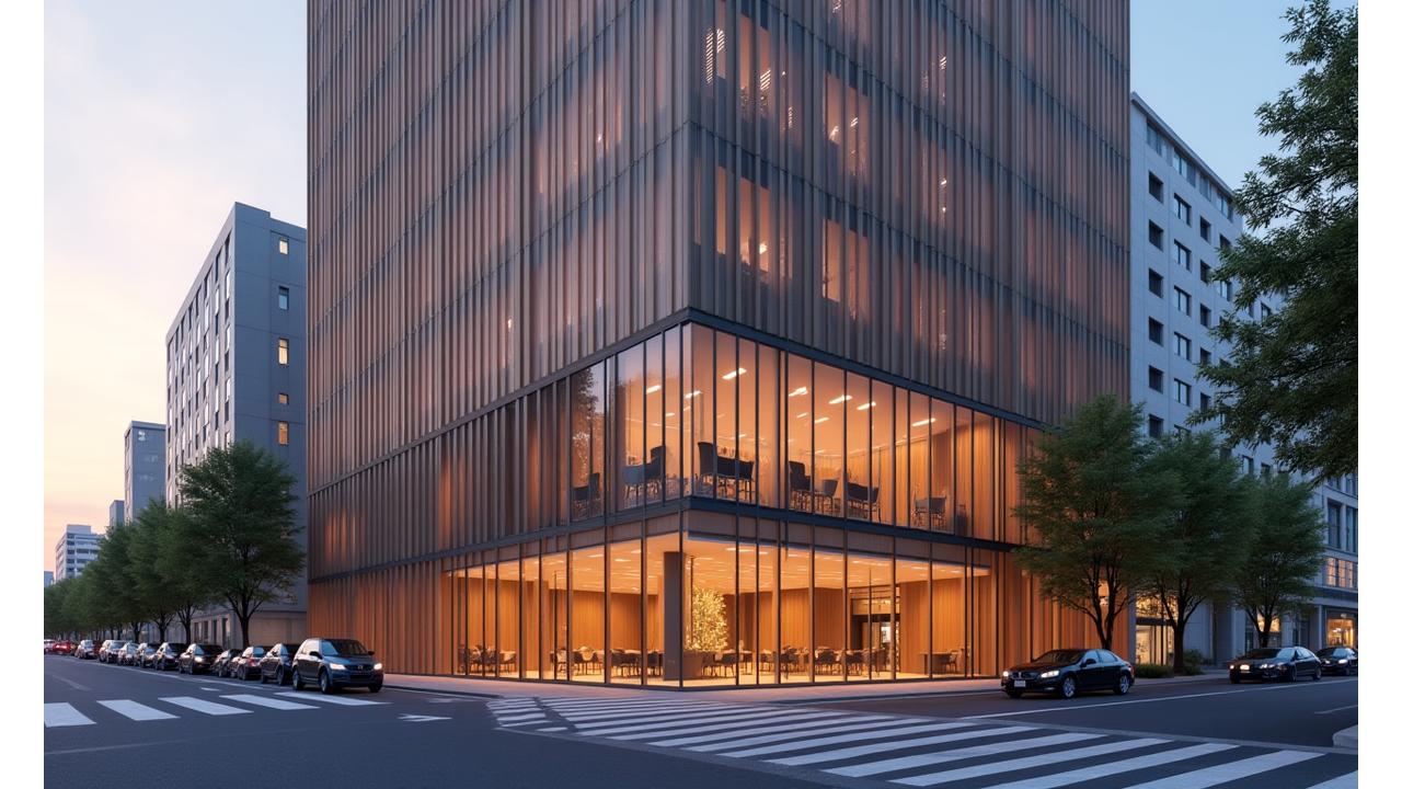 夕焼けに照らされた、モダンで洗練されたデザインのサクラエッセンス東京本社ビルの外観。