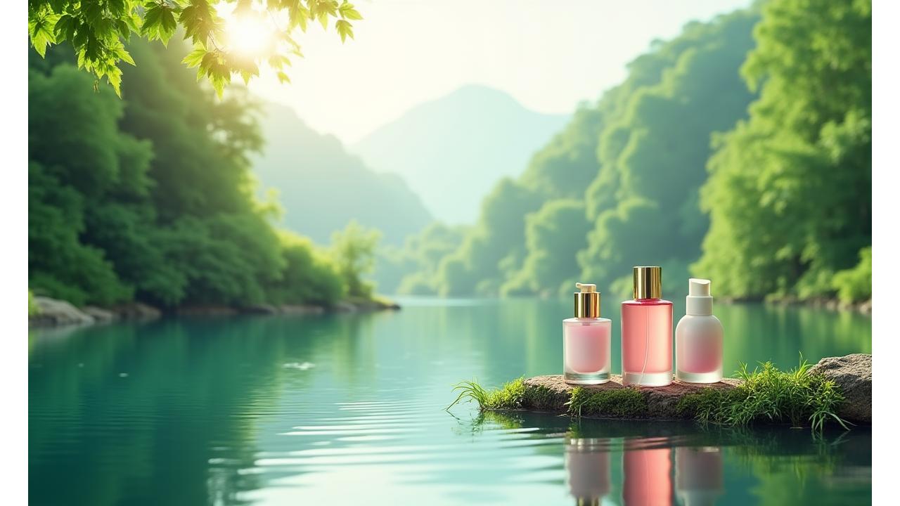 新緑の森と清らかな水辺が広がる自然豊かな風景の中に、化粧品の瓶が置かれている。背景には、ぼのかした地球のイラストが重なり、持続可能性のメッセージを強調している。