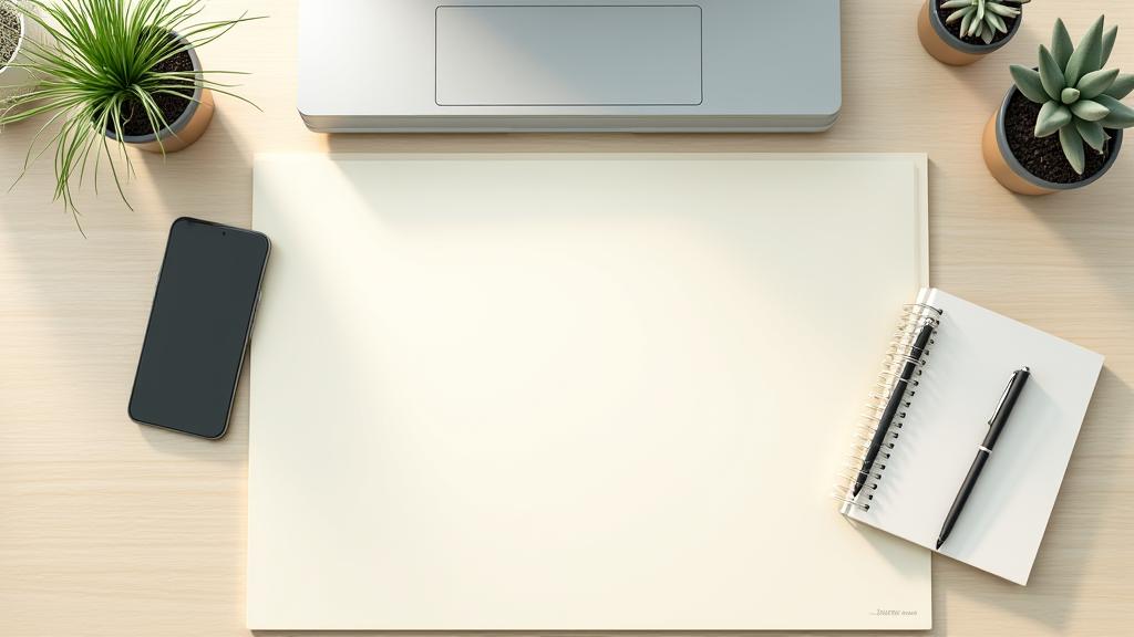 電話、パソコン、植物が置かれた清潔な机の俯瞰写真。スムーズなコミュニケーションを象徴。