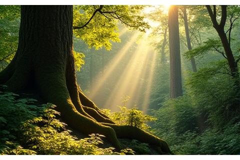 森林の奥深く、苔むした木々と朝日のイメージ