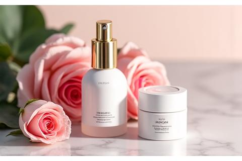 高級スキンケア製品のパッケージと花のイメージ