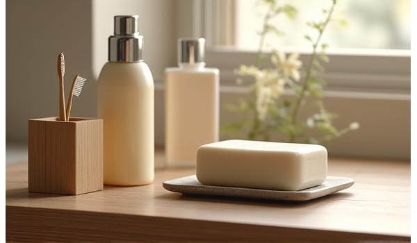 ホテルのバスルームに並べられた、ミニマルなデザインの生分解性プラスチック製アメニティボトル。和風の石鹸置きや竹製のブラシが添えられている。