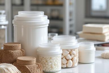 化粧品製造過程で出る廃棄物がほとんどなく、再利用可能な容器や資材が整然と並べられた、清潔で効率的な工房内の様子