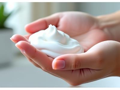 男性が泡立てた洗顔フォームで顔を優しく洗っている写真。清潔感と泡のきめ細かさを表現。