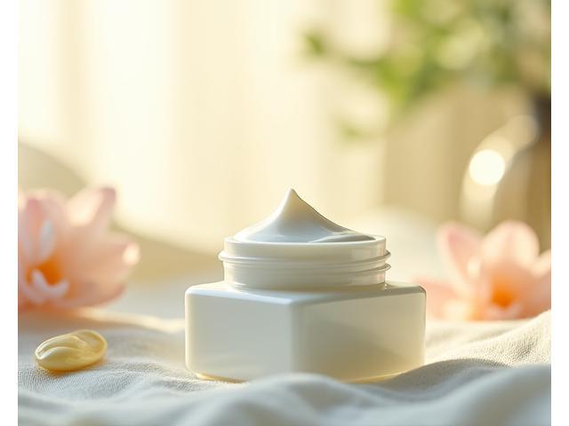 やわらかな光が差し込む中で、肌に優しいテクスチャーを表現した敏感肌用クリームのボトル
