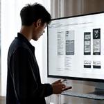 MacBook Proの前で、美容製品のパッケージデザインのモックアップを指差すデザインディレクター