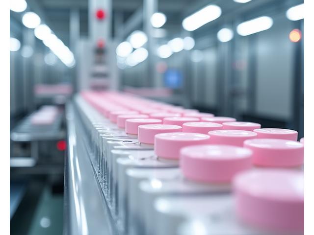 最新の自動充填ラインで化粧品ボトルが高速で製造されている様子。清潔で効率的な工場環境。