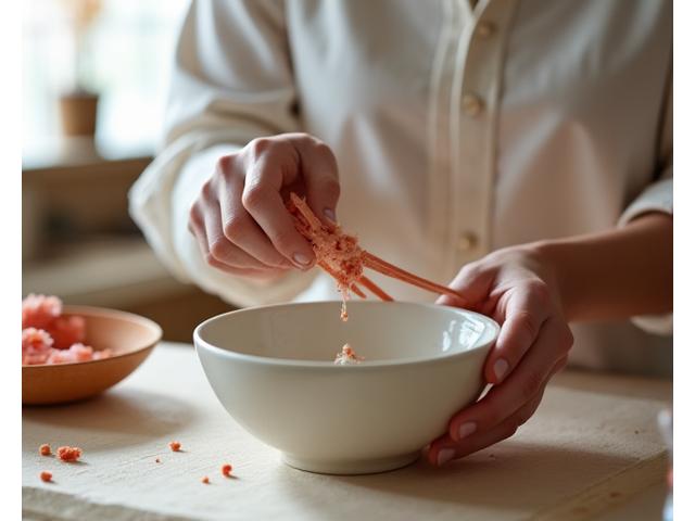 職人が繊細な手つきで高品質なハンドメイド化粧品を製造している様子。丁寧に攪拌し、アロマオイルを計量する。