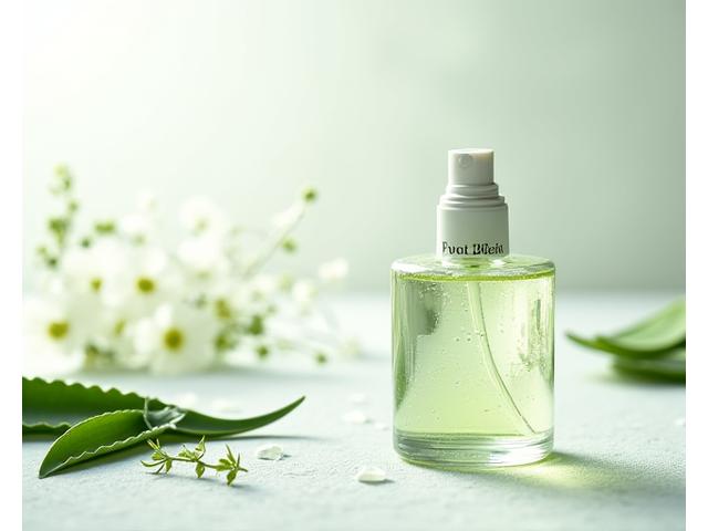 参加者が丁寧に化粧水を調合している様子、美しいガラスのボトルと新鮮な植物素材