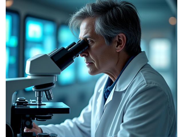 白衣を着た研究者が顕微鏡を覗き込んでいる様子。革新的な研究と開発を示す
