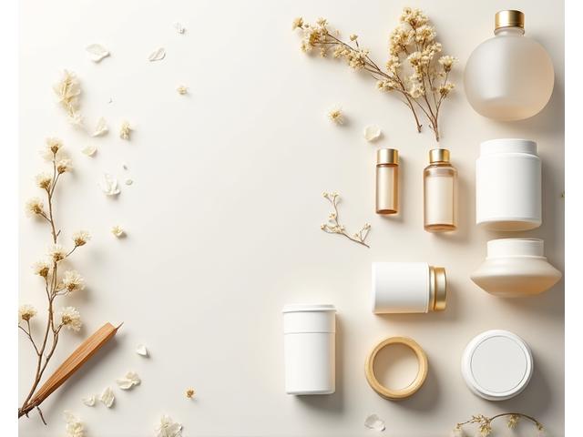 多様なデザインの空の化粧品容器とラベル素材。パッケージングのクリエイティブな側面を強調